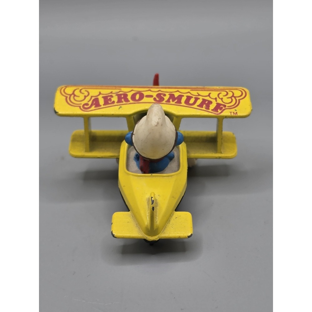 Vintage 1982 ERTL Aero Smurf Yellow Diecast Airplane Peyo Smurfs Toy Propeller - Picture 3 of 10